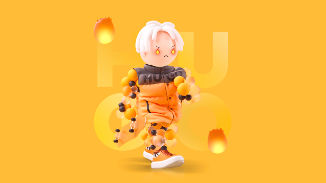 a 3D animated figure wearing an orange and brown puffer jacket expressing an angry emotion